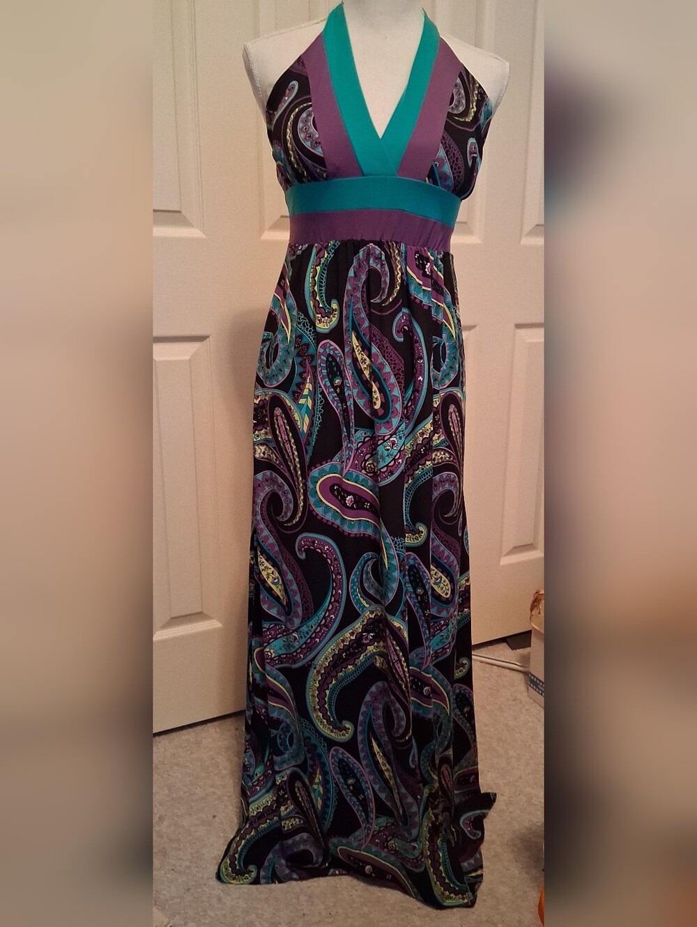 Candies Halter Floor Length Paisley Purple Teal Maxi Dress Empire Waist Boho Med